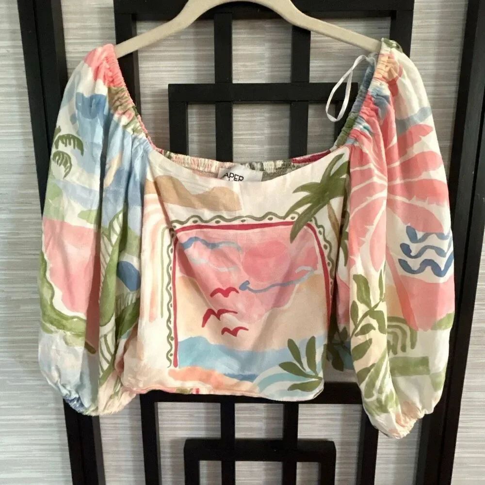 Paper heart beachy tropical cropped top with balloon sleeves size L peach blue b